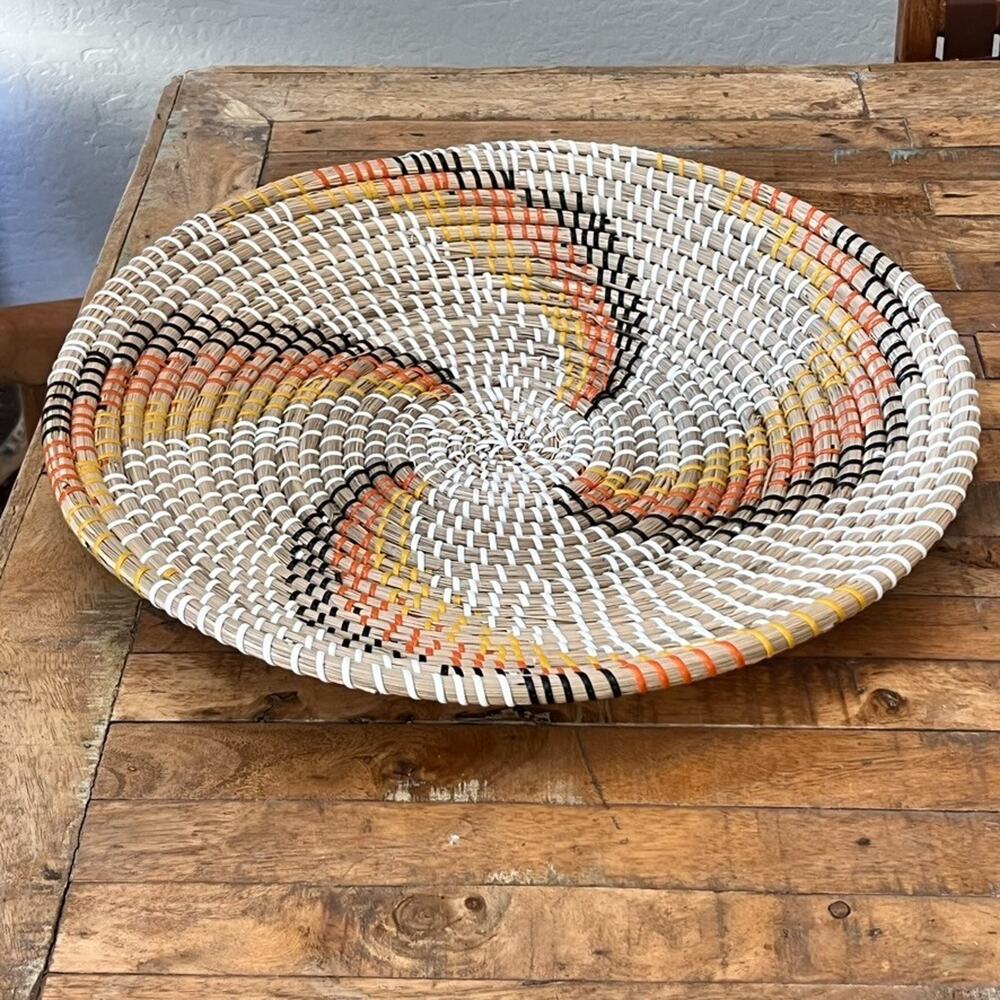 Handwoven Hanging Wall Basket 19.5" Spiral Pattern Natural Orange and Black